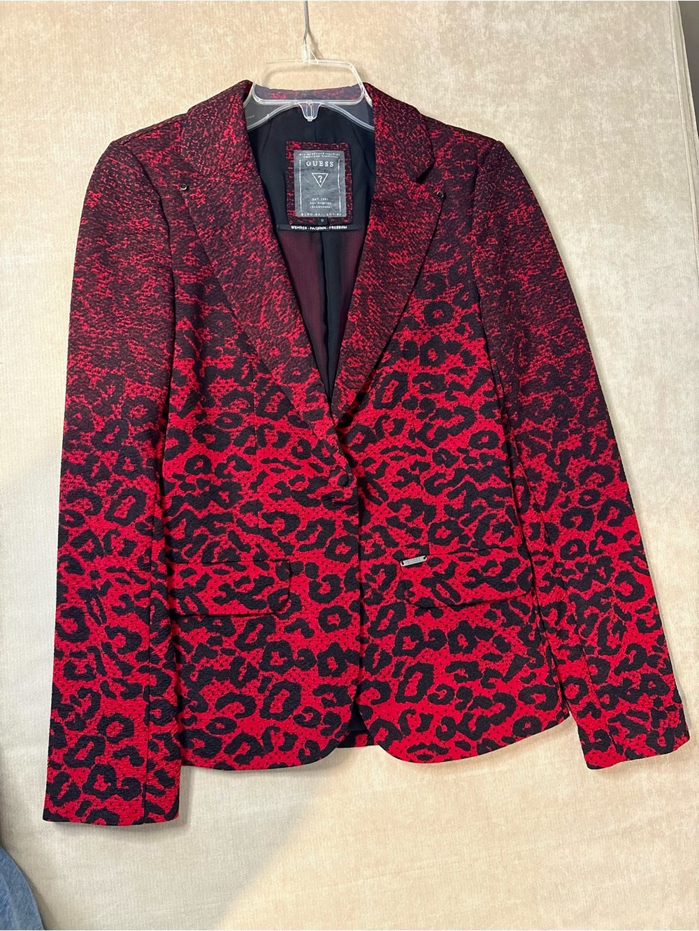 GUESS Red and Black Leopard-Print Tailored Blazer